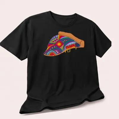 Psychedelic pizza slice t-shirt with vibrant colors and the word PEACE — printed on a unisex t-shirt (angled view)
