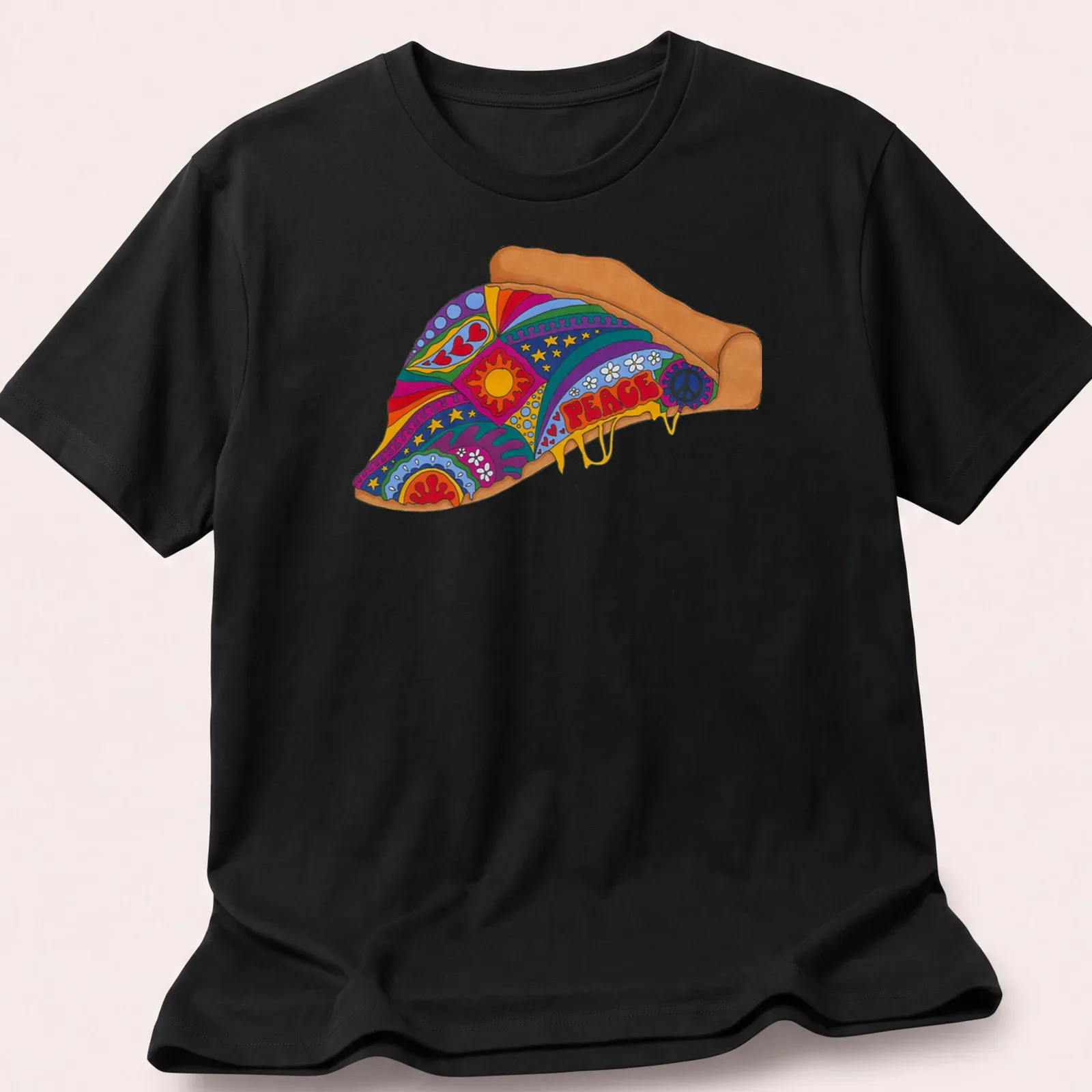 Psychedelic pizza slice t-shirt with vibrant colors and the word PEACE — printed on a unisex t-shirt
