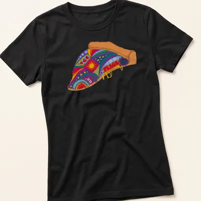 Psychedelic pizza slice t-shirt with vibrant colors and the word PEACE — printed on a women's shirt