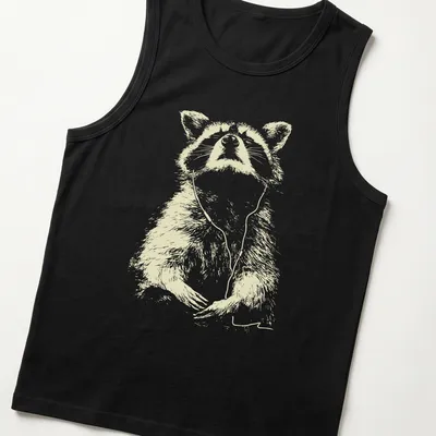Sketch of a peaceful raccoon wearing earbuds, listening to music in light beige and white — printed on a tank top