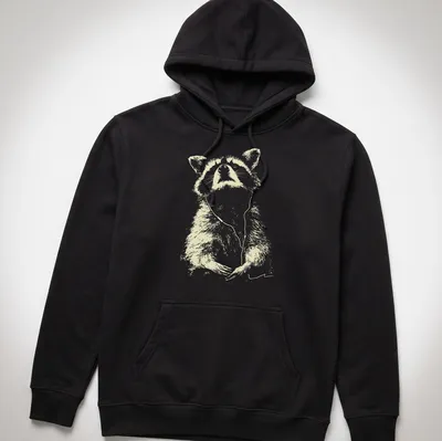 Sketch of a peaceful raccoon wearing earbuds, listening to music in light beige and white — printed on a unisex hoodie