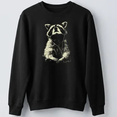 Sketch of a peaceful raccoon wearing earbuds, listening to music in light beige and white — printed on a unisex sweatshirt