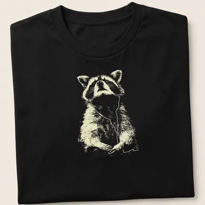 Sketch of a peaceful raccoon wearing earbuds, listening to music in light beige and white