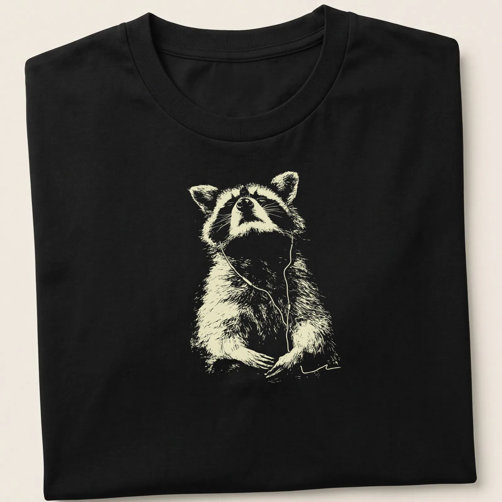 Sketch of a peaceful raccoon wearing earbuds, listening to music in light beige and white — printed on a unisex t-shirt
