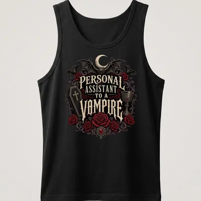 Gothic design featuring roses and bats with vampire-themed text in dark colors — printed on a tank top