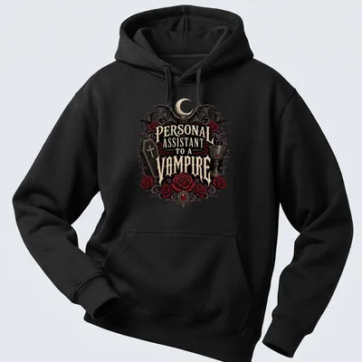 Gothic design featuring roses and bats with vampire-themed text in dark colors — printed on a unisex hoodie