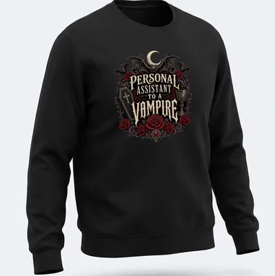 Gothic design featuring roses and bats with vampire-themed text in dark colors — printed on a unisex sweatshirt