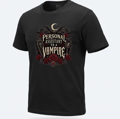 Gothic design featuring roses and bats with vampire-themed text in dark colors