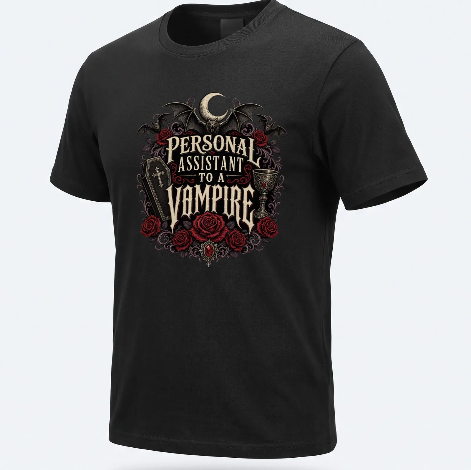 Gothic design featuring roses and bats with vampire-themed text in dark colors — printed on a unisex t-shirt