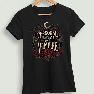 Gothic design featuring roses and bats with vampire-themed text in dark colors — printed on a women's shirt