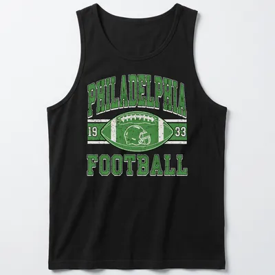 Vintage distressed Philadelphia Football 1933 T-shirt with football helmet and ball graphic — printed on a tank top