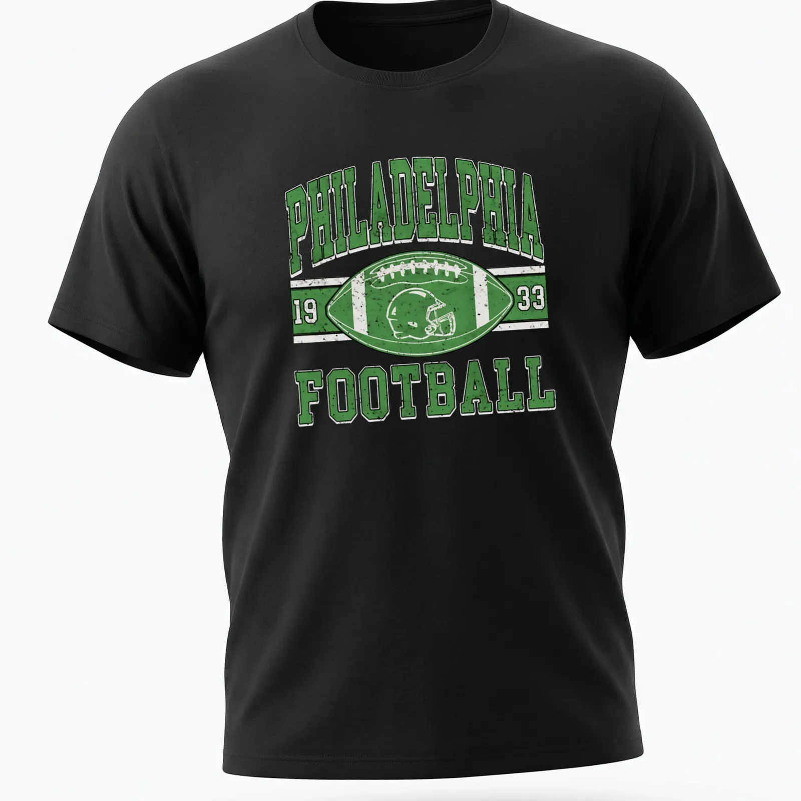 Vintage distressed Philadelphia Football 1933 T-shirt with football helmet and ball graphic — printed on a unisex t-shirt