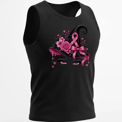Illustration of a pink witch hat with eyes and a ribbon, featuring vibrant colors. — printed on a tank top