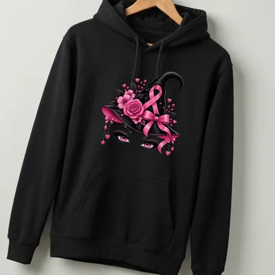 Illustration of a pink witch hat with eyes and a ribbon, featuring vibrant colors. — printed on a unisex hoodie