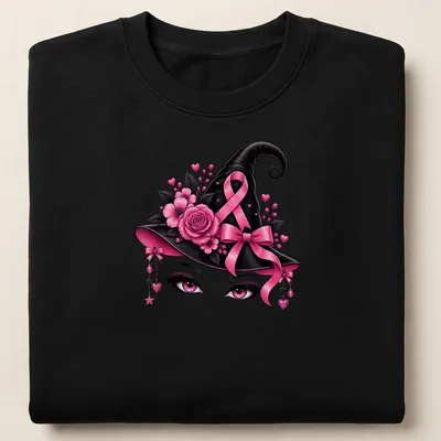 Illustration of a pink witch hat with eyes and a ribbon, featuring vibrant colors. — printed on a unisex sweatshirt