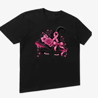 Illustration of a pink witch hat with eyes and a ribbon, featuring vibrant colors. — printed on a unisex t-shirt (angled view)