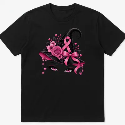 Illustration of a pink witch hat with eyes and a ribbon, featuring vibrant colors.