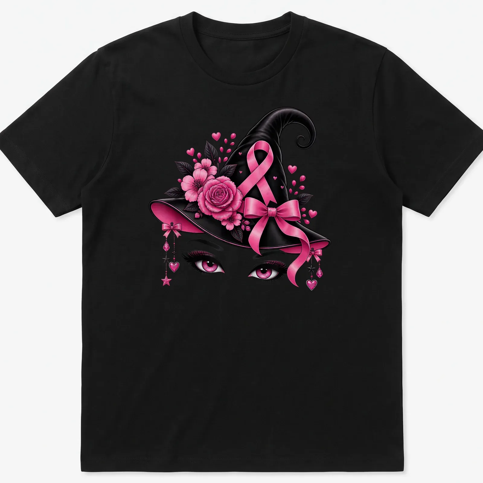 Illustration of a pink witch hat with eyes and a ribbon, featuring vibrant colors. — printed on a unisex t-shirt