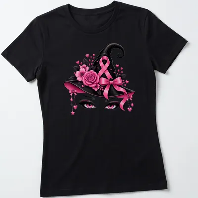Illustration of a pink witch hat with eyes and a ribbon, featuring vibrant colors. — printed on a women's shirt