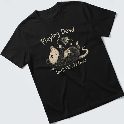Whimsical illustration of an opossum with the text 'Playing Dead Until This Is Over' in soft colors