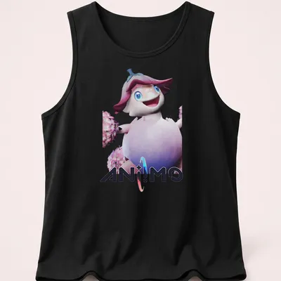Animated character surrounded by flowers in a playful 3D cartoon style. — printed on a tank top