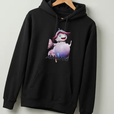 Animated character surrounded by flowers in a playful 3D cartoon style. — printed on a unisex hoodie