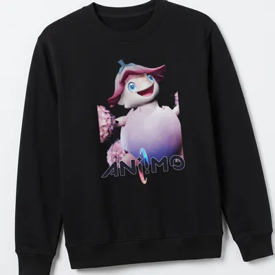 Animated character surrounded by flowers in a playful 3D cartoon style. — printed on a unisex sweatshirt