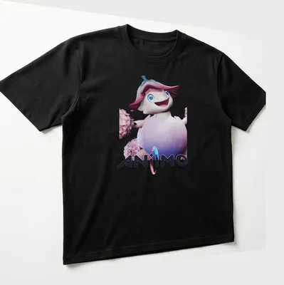 Animated character surrounded by flowers in a playful 3D cartoon style. — printed on a unisex t-shirt (angled view)
