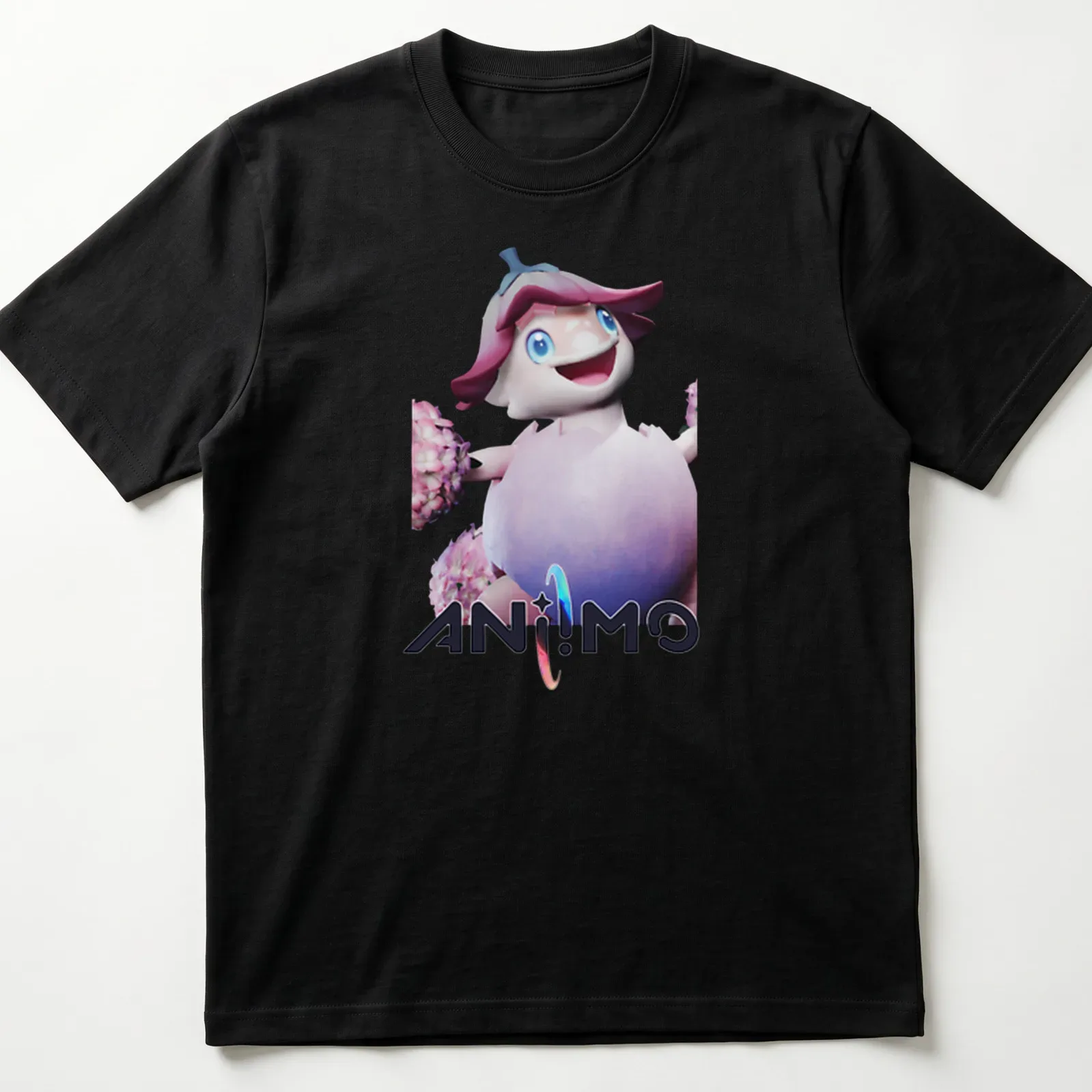 Animated character surrounded by flowers in a playful 3D cartoon style. — printed on a unisex t-shirt