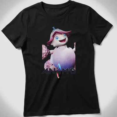 Animated character surrounded by flowers in a playful 3D cartoon style. — printed on a women's shirt