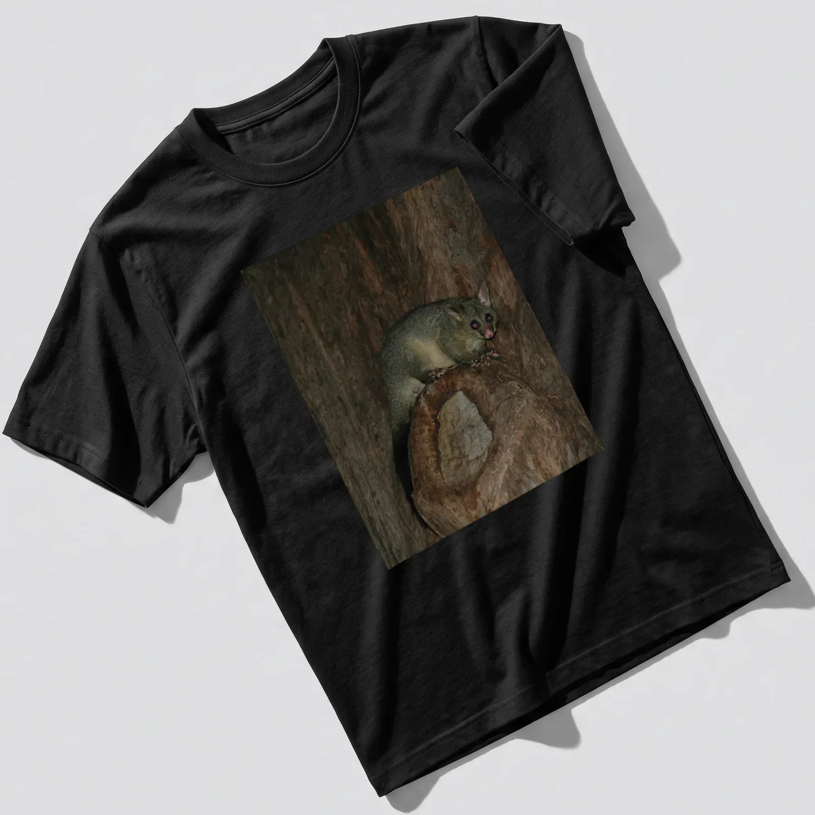 Photographic print of a possum in Hyde Park, showcasing realistic colors and natural beauty. — printed on a unisex t-shirt