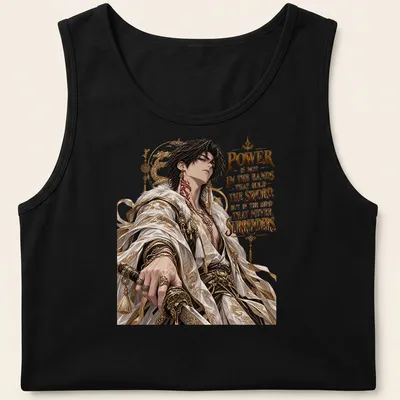 Anime character with a sword and motivational text in gold, black, white, and red — printed on a tank top