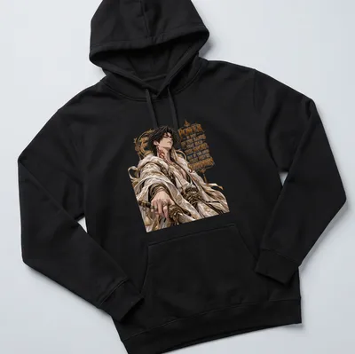 Anime character with a sword and motivational text in gold, black, white, and red — printed on a unisex hoodie