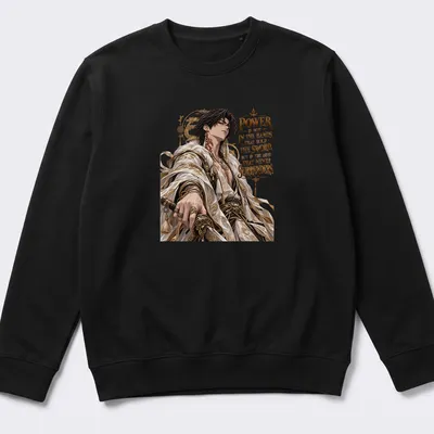 Anime character with a sword and motivational text in gold, black, white, and red — printed on a unisex sweatshirt