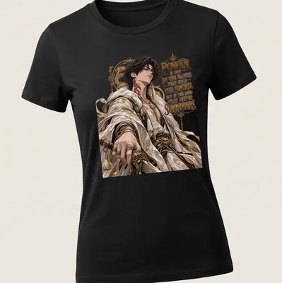 Anime character with a sword and motivational text in gold, black, white, and red — printed on a women's shirt