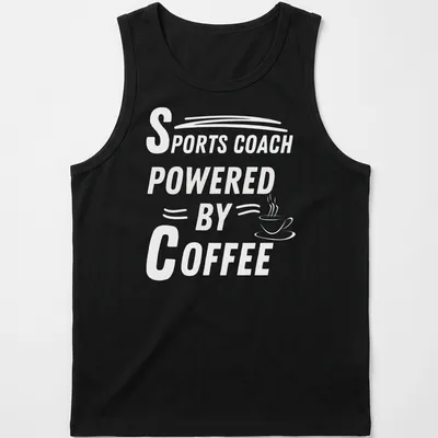 Black and white t-shirt with bold typography saying 'POWERED BY' for coffee lovers — printed on a tank top