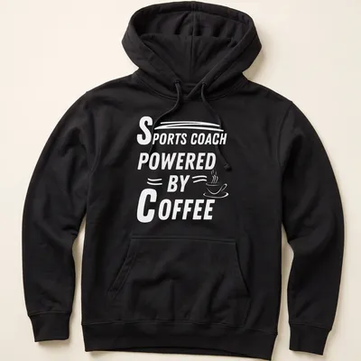 Black and white t-shirt with bold typography saying 'POWERED BY' for coffee lovers — printed on a unisex hoodie