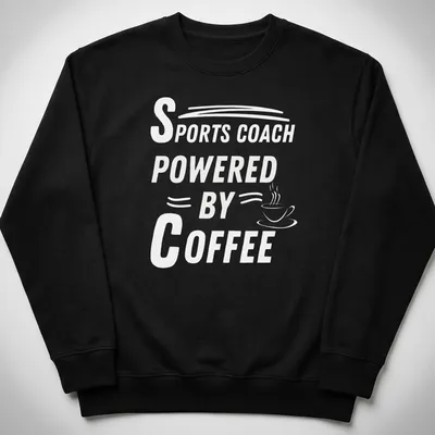 Black and white t-shirt with bold typography saying 'POWERED BY' for coffee lovers — printed on a unisex sweatshirt