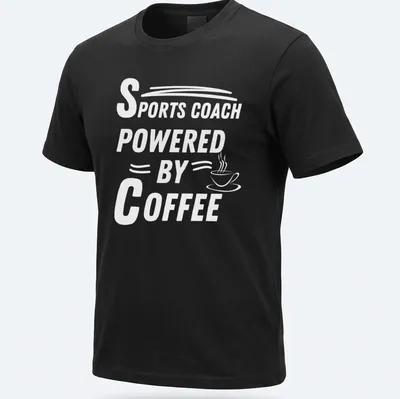 Black and white t-shirt with bold typography saying 'POWERED BY' for coffee lovers