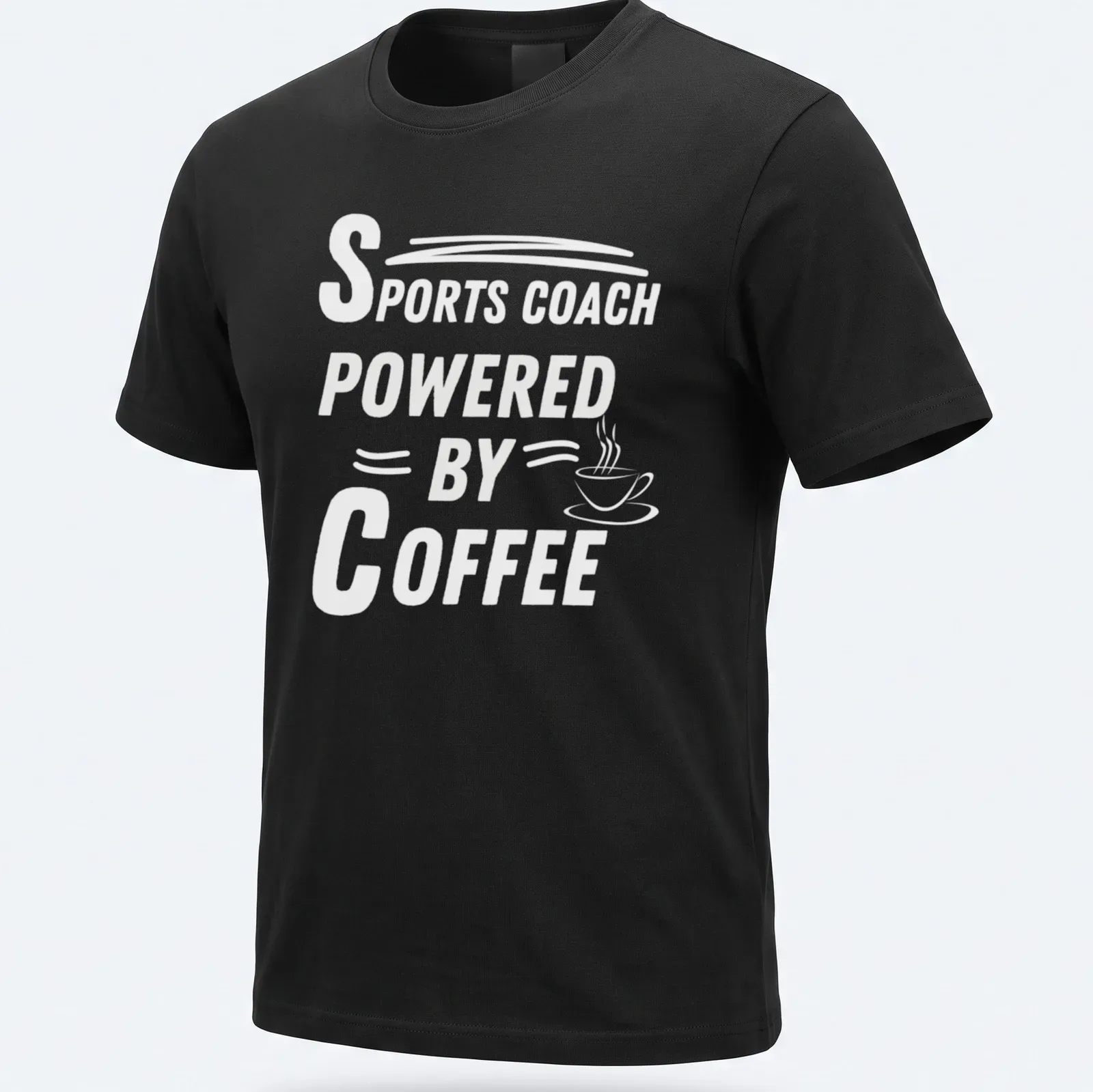 Black and white t-shirt with bold typography saying 'POWERED BY' for coffee lovers — printed on a unisex t-shirt