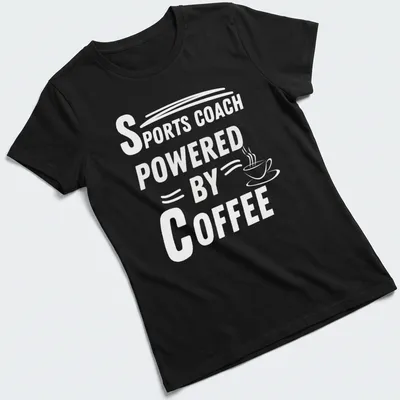 Black and white t-shirt with bold typography saying 'POWERED BY' for coffee lovers — printed on a women's shirt