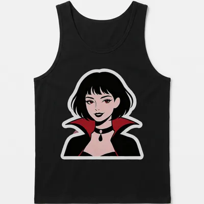 Illustration of a cute vampire woman in black, red, pink, and white colors. — printed on a tank top
