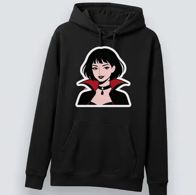 Illustration of a cute vampire woman in black, red, pink, and white colors. — printed on a unisex hoodie