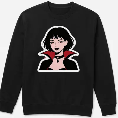 Illustration of a cute vampire woman in black, red, pink, and white colors. — printed on a unisex sweatshirt