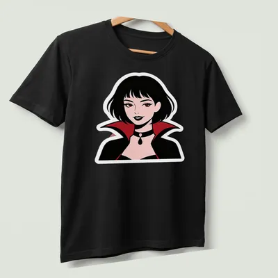 Illustration of a cute vampire woman in black, red, pink, and white colors. — printed on a unisex t-shirt (angled view)