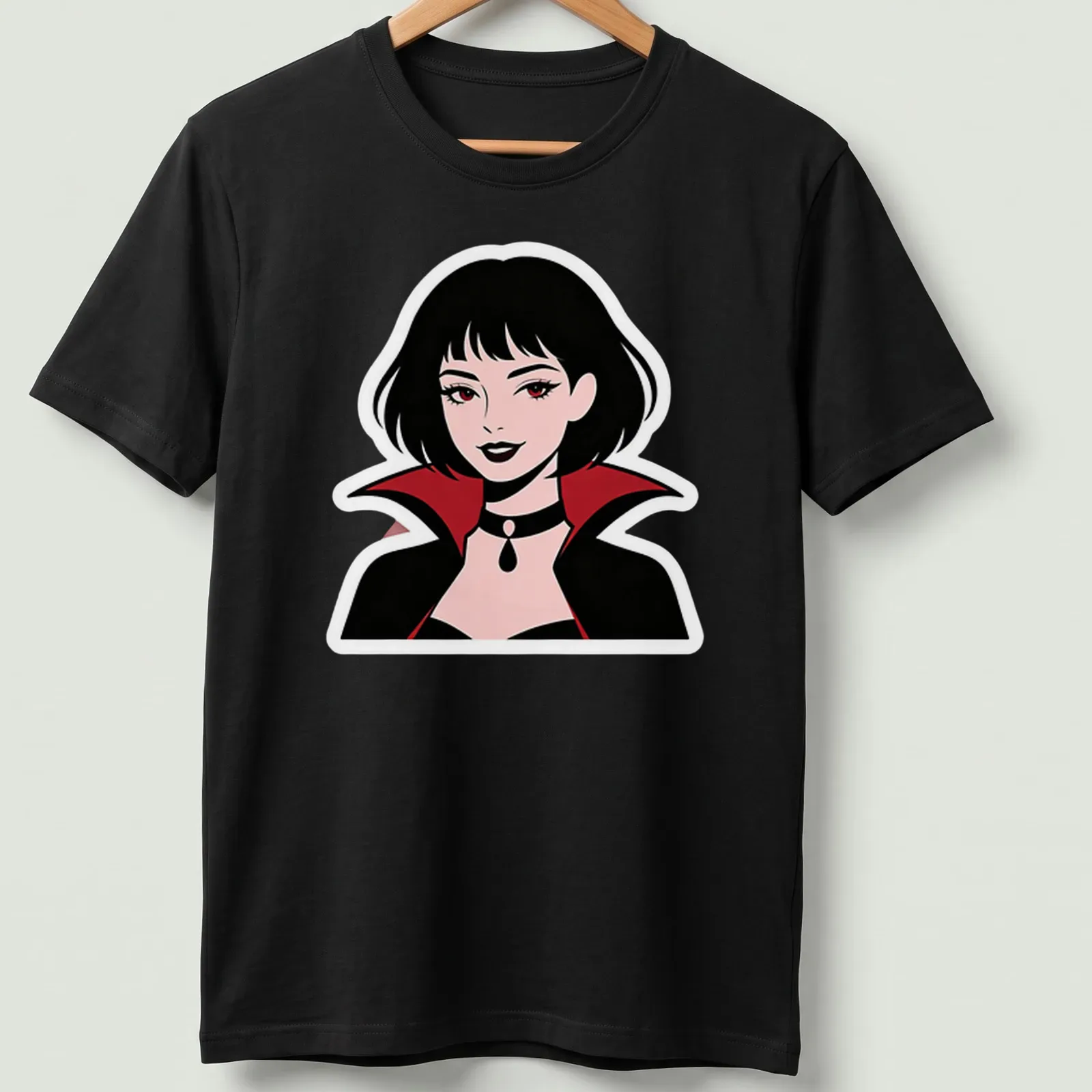 Illustration of a cute vampire woman in black, red, pink, and white colors. — printed on a unisex t-shirt