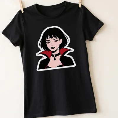 Illustration of a cute vampire woman in black, red, pink, and white colors. — printed on a women's shirt