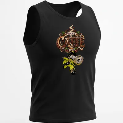 Colorful anime character holding a coffee cup with Prima Il Caffè text — printed on a tank top