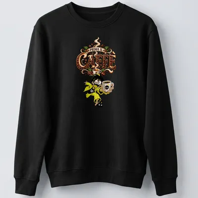 Colorful anime character holding a coffee cup with Prima Il Caffè text — printed on a unisex sweatshirt