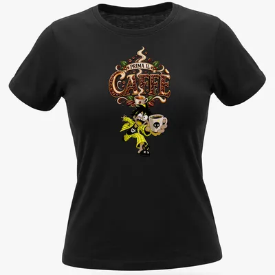 Colorful anime character holding a coffee cup with Prima Il Caffè text — printed on a women's shirt